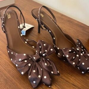 Zara Brown Polka Dot Heels with Bow
